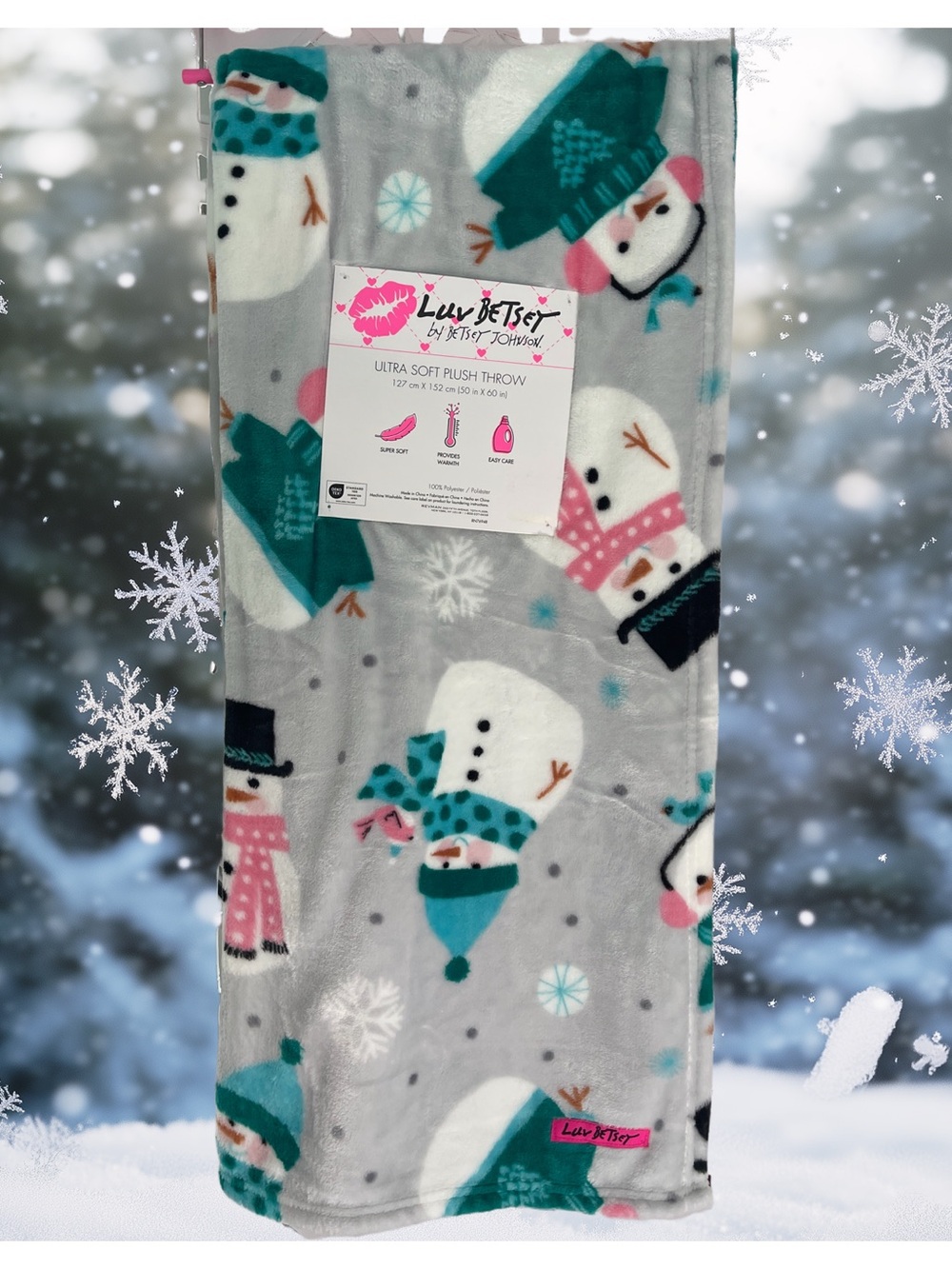 🆕🎄💋BETSEY JOHNSON💋ULTRA SOFT PLUSH SNOWMAN ⛄️ THROW /BLANKET
